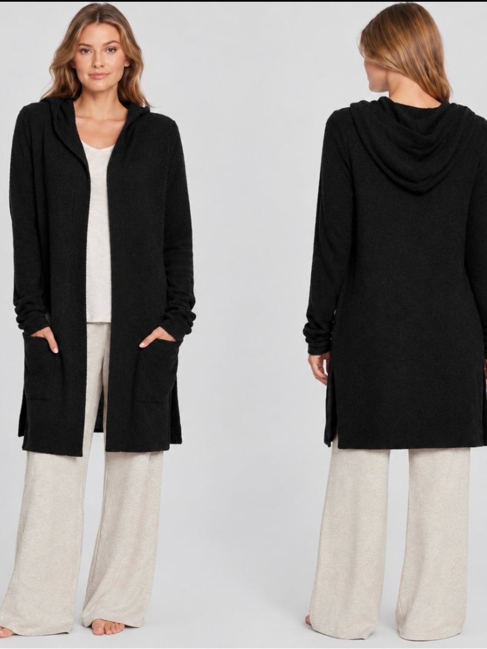 Barefoot Dreams Cozychic Lite Hooded Lounge Open Cardigan S Black Cozy Soft